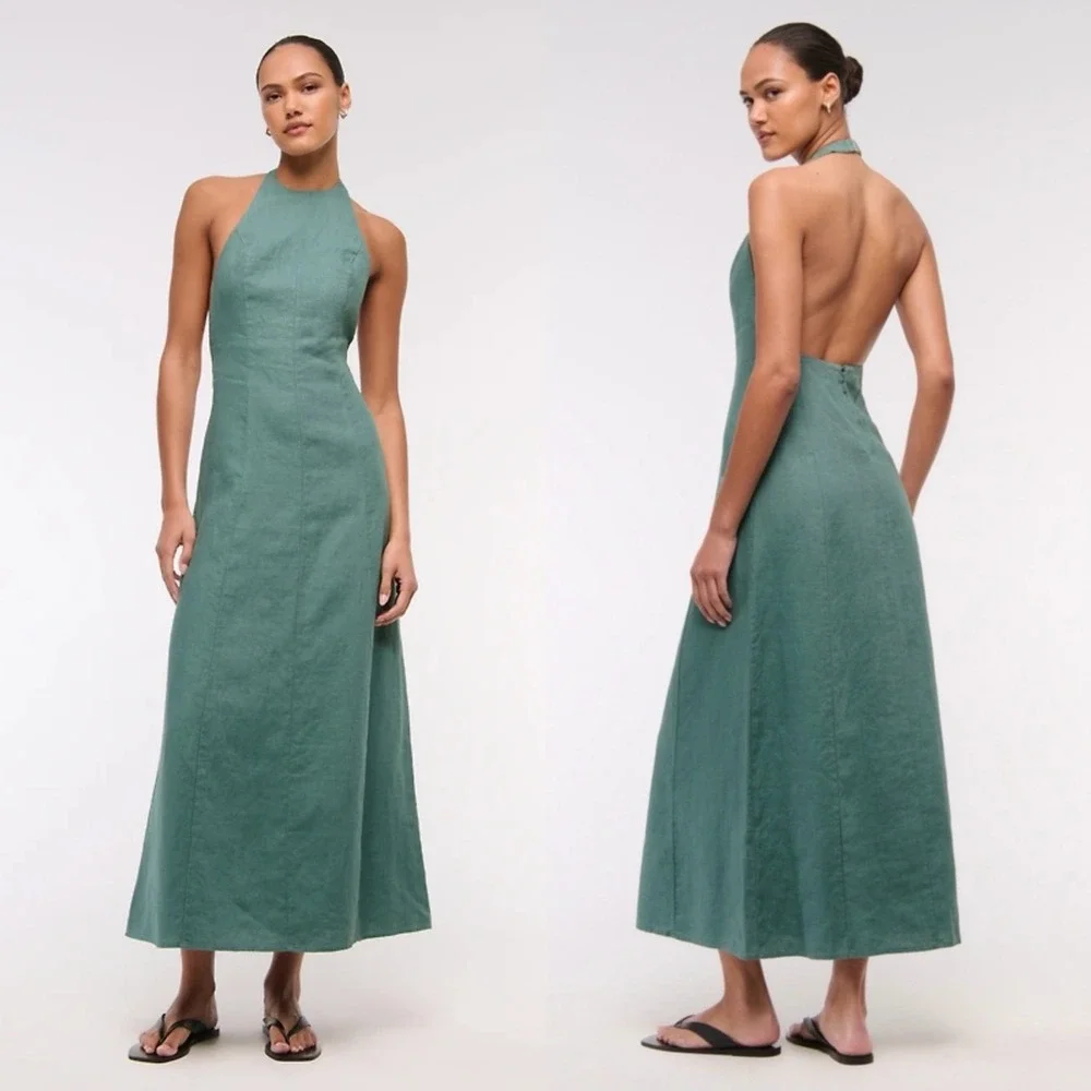 Abercrombie & Fitch Premium Linen High-Neck Open Back Maxi Dress, Green Sz L